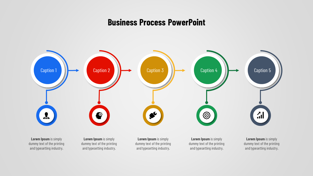 Business process slide with five circular sections in blue, red, yellow, green, and navy, each with icons and captions.