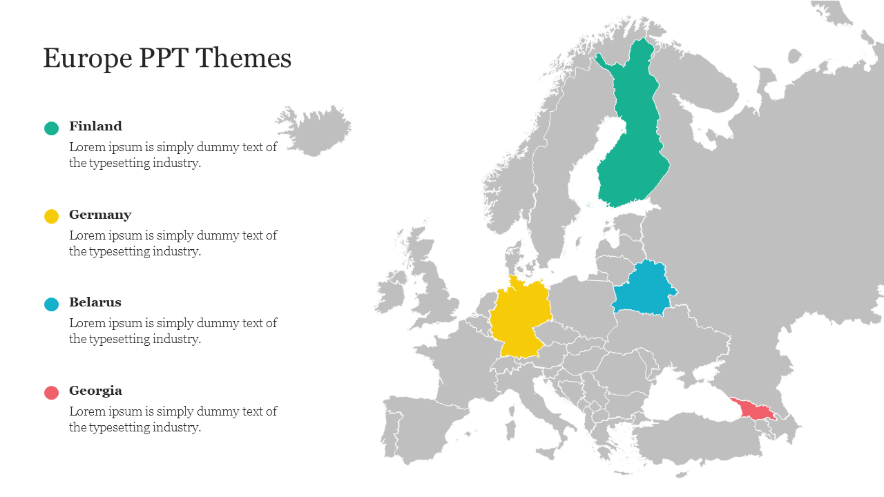 Map of Europe PPT slide with countries Finland, Germany, Belarus, and Georgia highlighted, each with a caption.