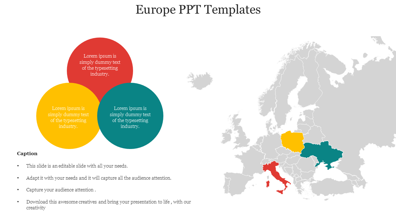 European map slide with highlighted countries in red, yellow, and teal, along with three color coded text bubbles.