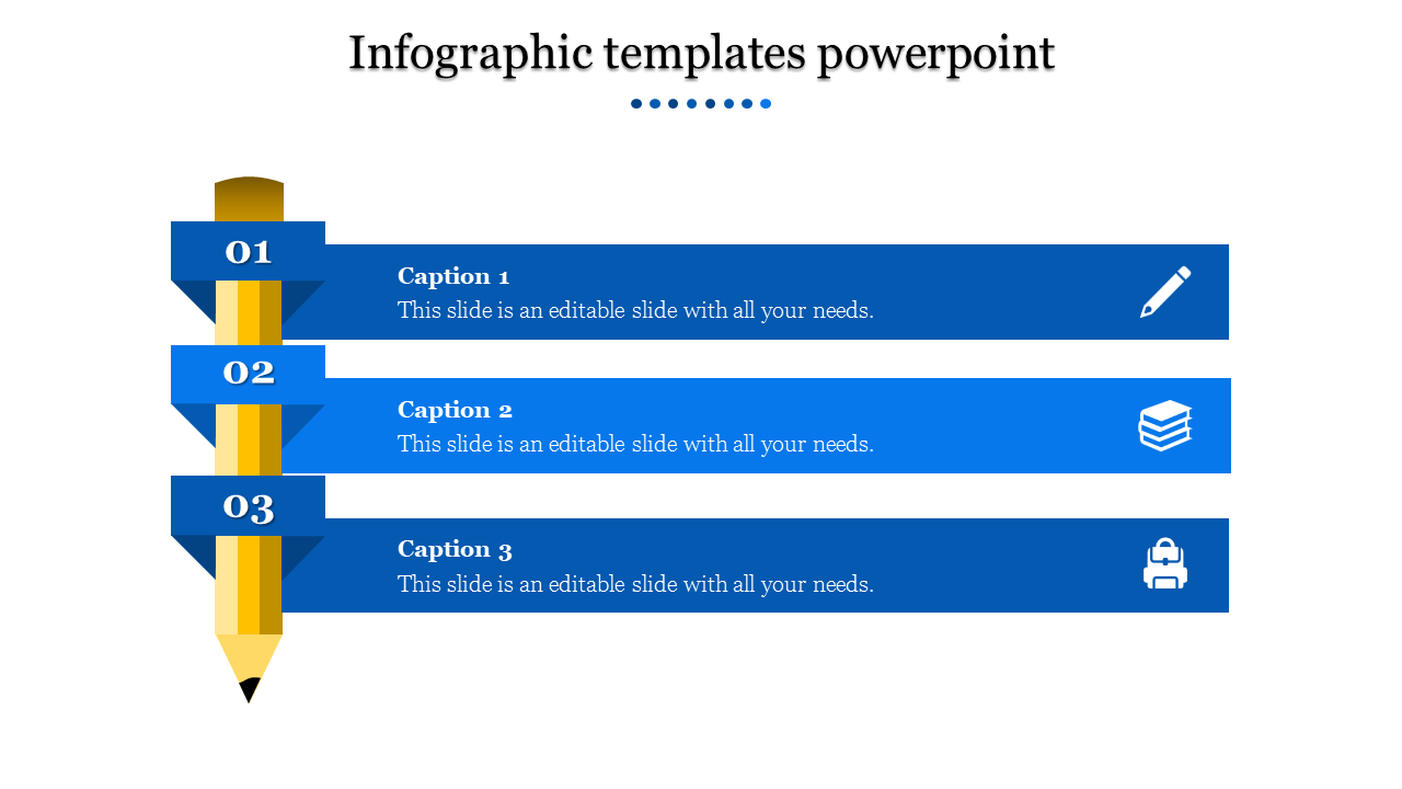 Slide featuring a pencil graphic with three blue horizontal banners extending to the right, numbered 01 to 03.