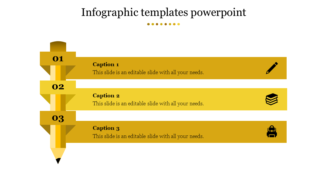 Pencil shaped vertical infographic with three yellow steps labeled 01, 02, and 03, featuring icons and text.