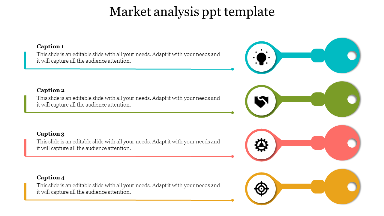 Market analysis slide with four colored sections, each containing an icon and captions for detailed descriptions.