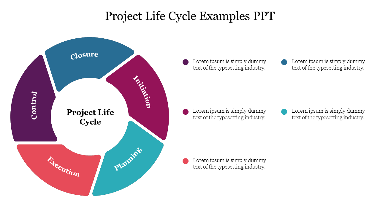 A circular diagram with five colored segments in teal, red, purple, orange, and blue, linked to matching bullet points.