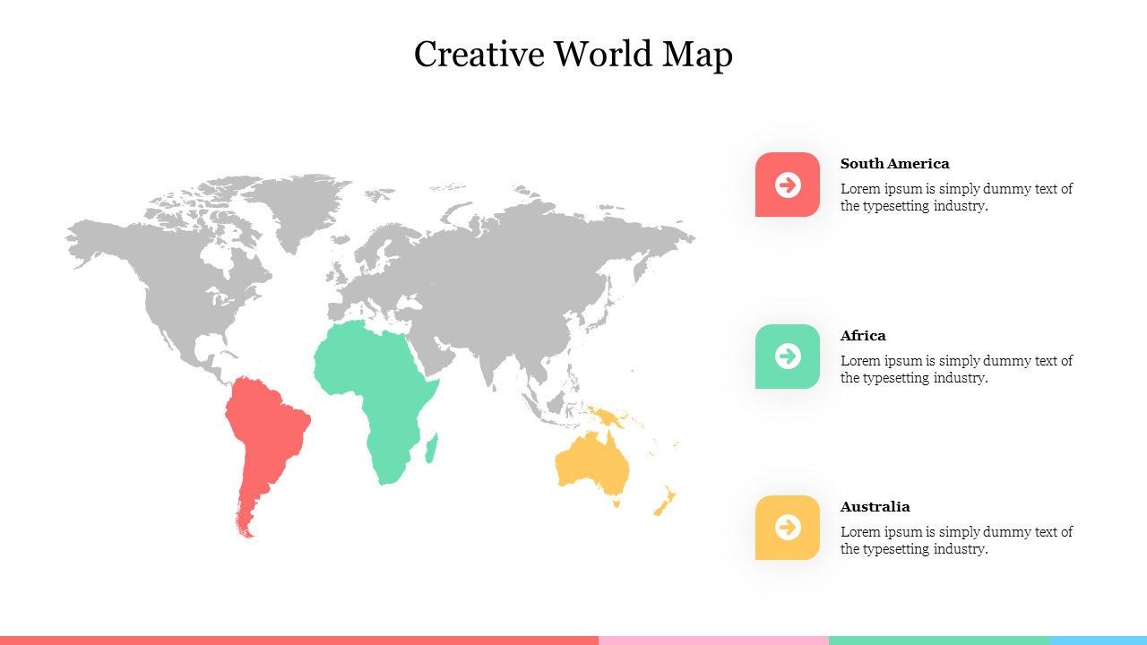 Creative world map highlighting South America, Africa, and Australia in color, with labeled captions on the right side.