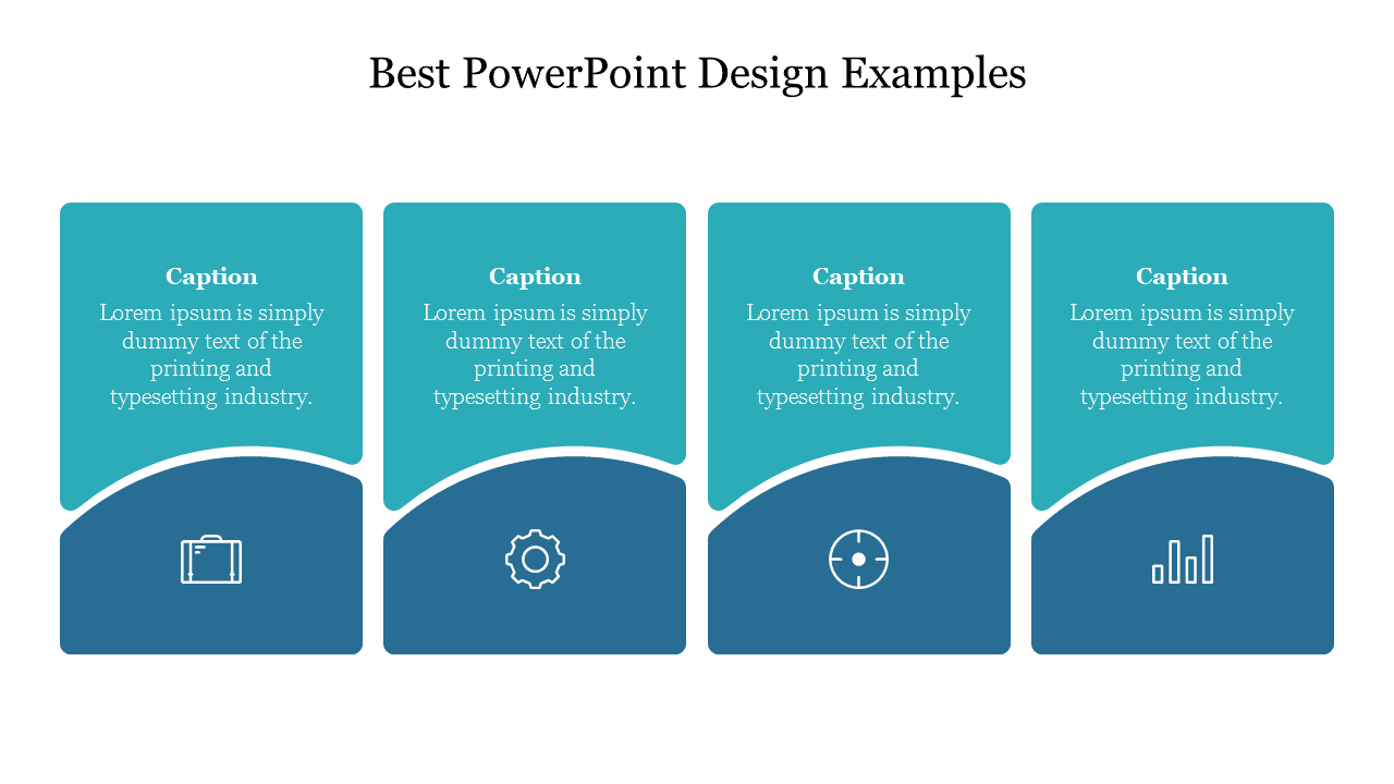 Slide showcasing four design examples with icons for business, gear, target, and bar chart, with placeholder captions.