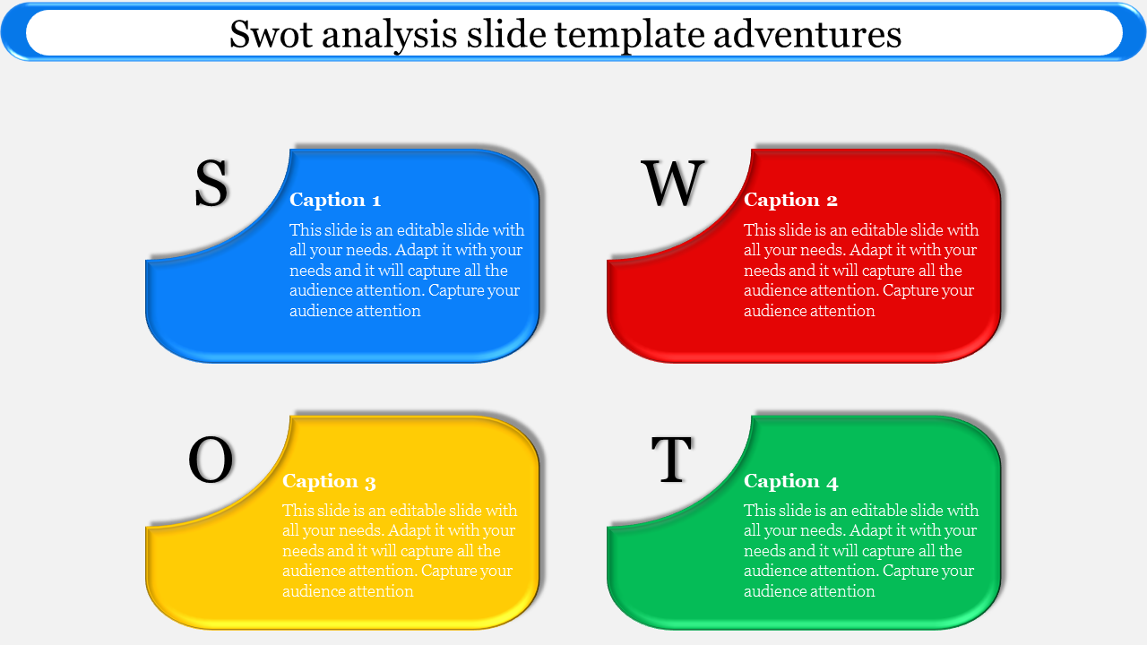 Slide with blue, red, yellow, and green blocks labeled S, W, O, T, each with text placeholders.