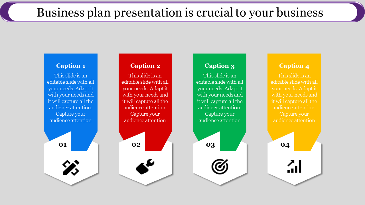 A business plan template with four colorful icons representing key business concepts, each with a caption.