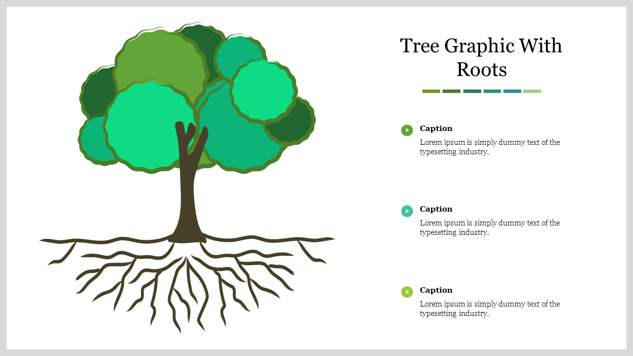 Illustration of a tree with multiple shades of green leaves and exposed roots, with three text sections on the right.