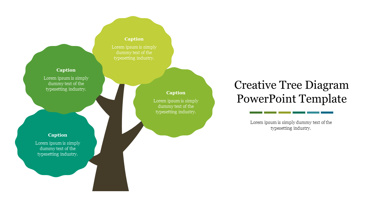 Creative tree diagram slide with four colored leaf-shaped captions and text area.