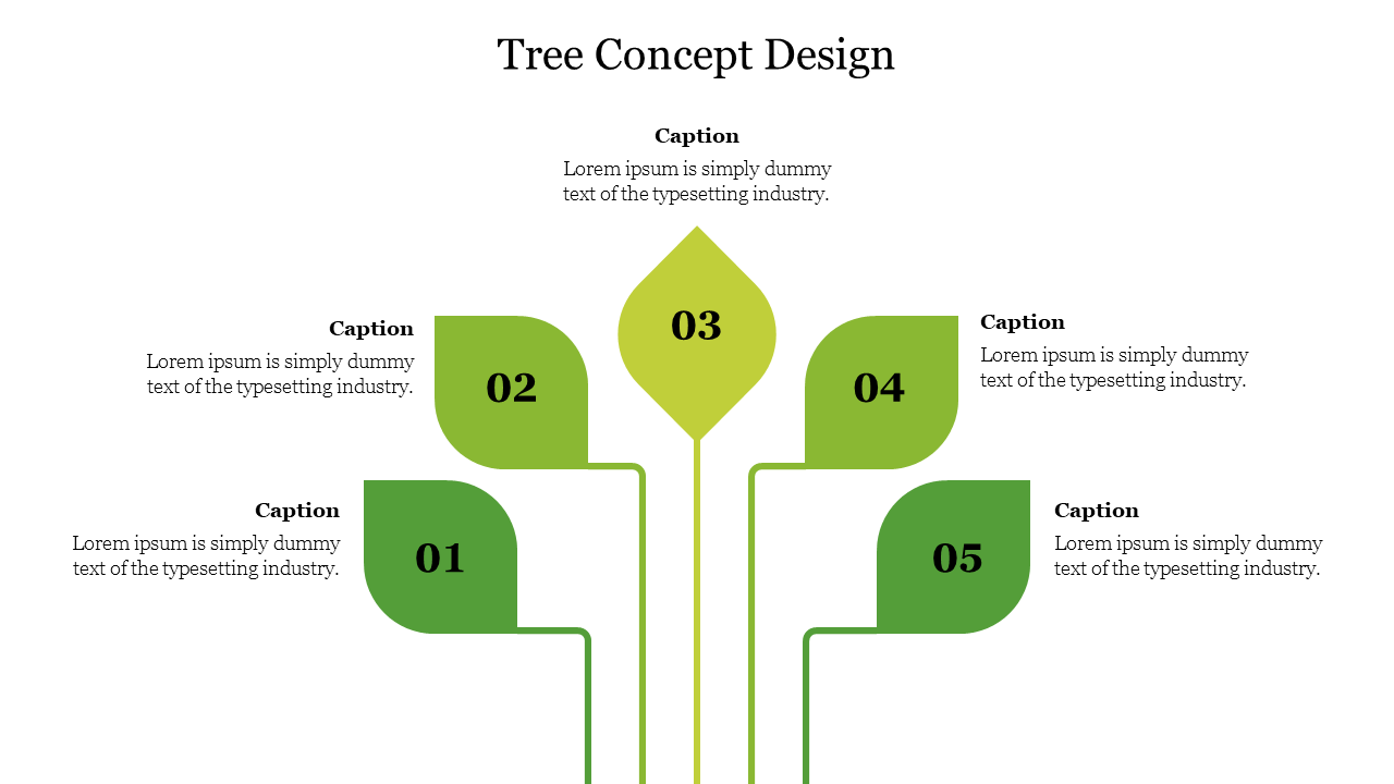 Tree concept design PowerPoint slide with five green leaves labeled 01 to 05, connected to a central stem with captions.