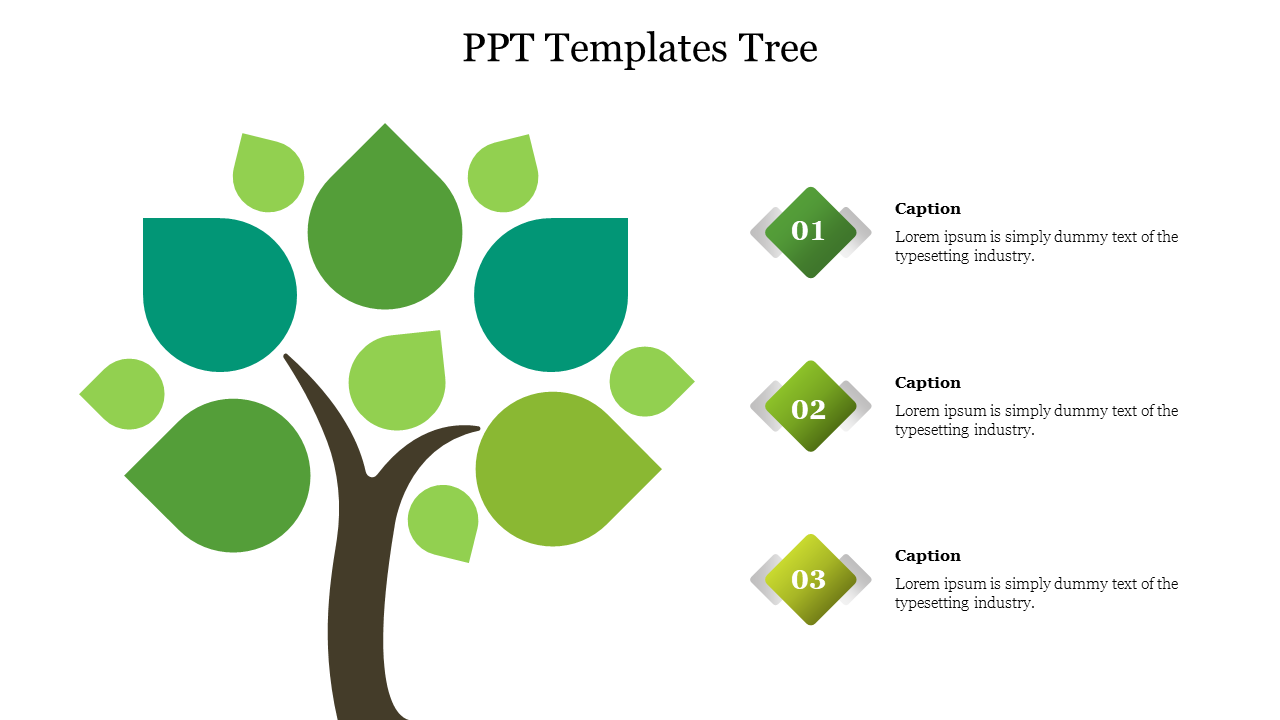 Abstract tree illustration with various green and teal leaves on the left, and three diamond-shaped numbered  captions.