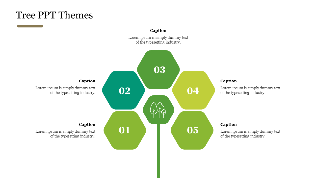 Tree themed infographic with green hexagons forming a leaf pattern, numbered 01 to 05, connected to text on both sides.