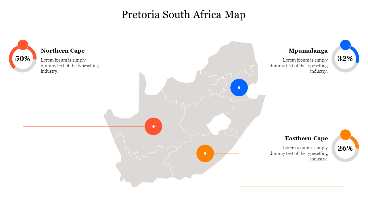 Map of South Africa highlighting regions, with percentage labels and colored markers in  a white background.