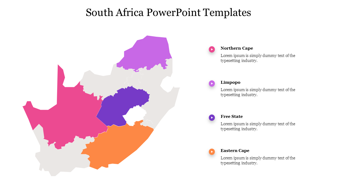 South Africa map with four highlighted regions in pink, purple, violet, and orange, paired with matching text labels.