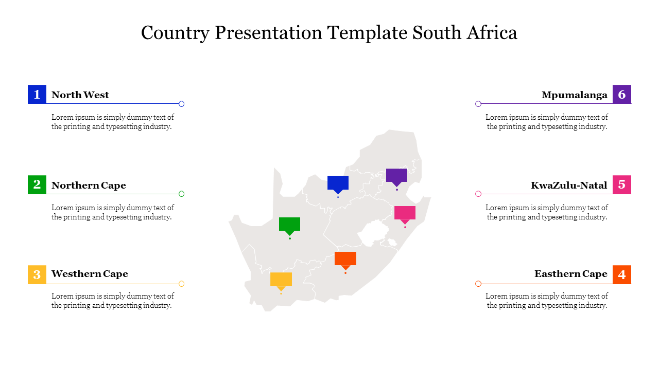 Gray South Africa map in the center with six colored speech bubble markers highlighting regions, with numbered captions.