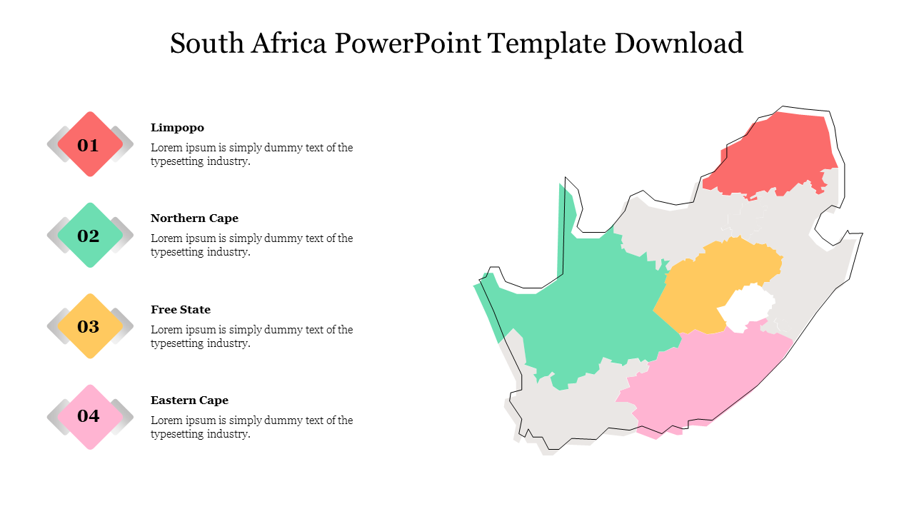 Slide featuring a colorful map of South Africa, highlighting four provinces with placeholder text.