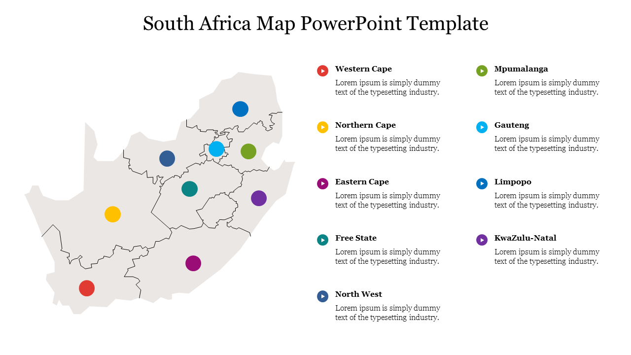 South Africa map with color-coded markers, including Mpumalanga and North West, listed with caption areas.