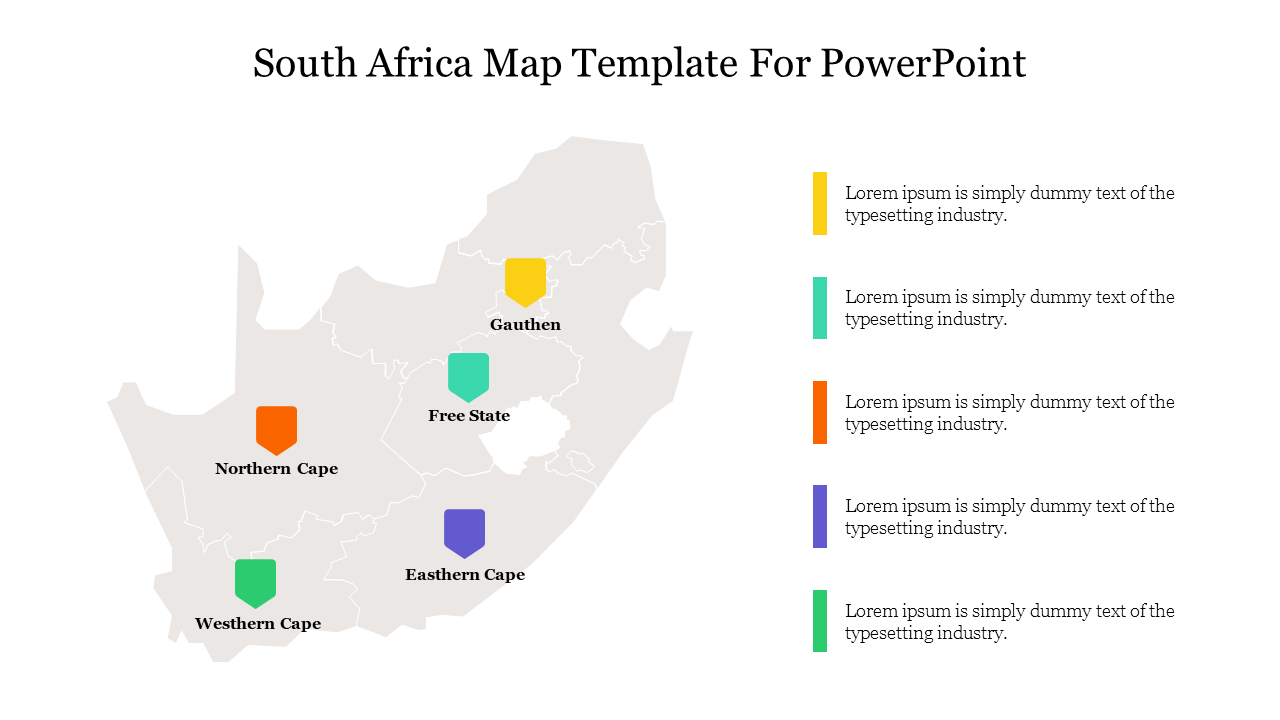 South Africa map with regions marked in bright colors and corresponding text boxes for labels and descriptions on the right.