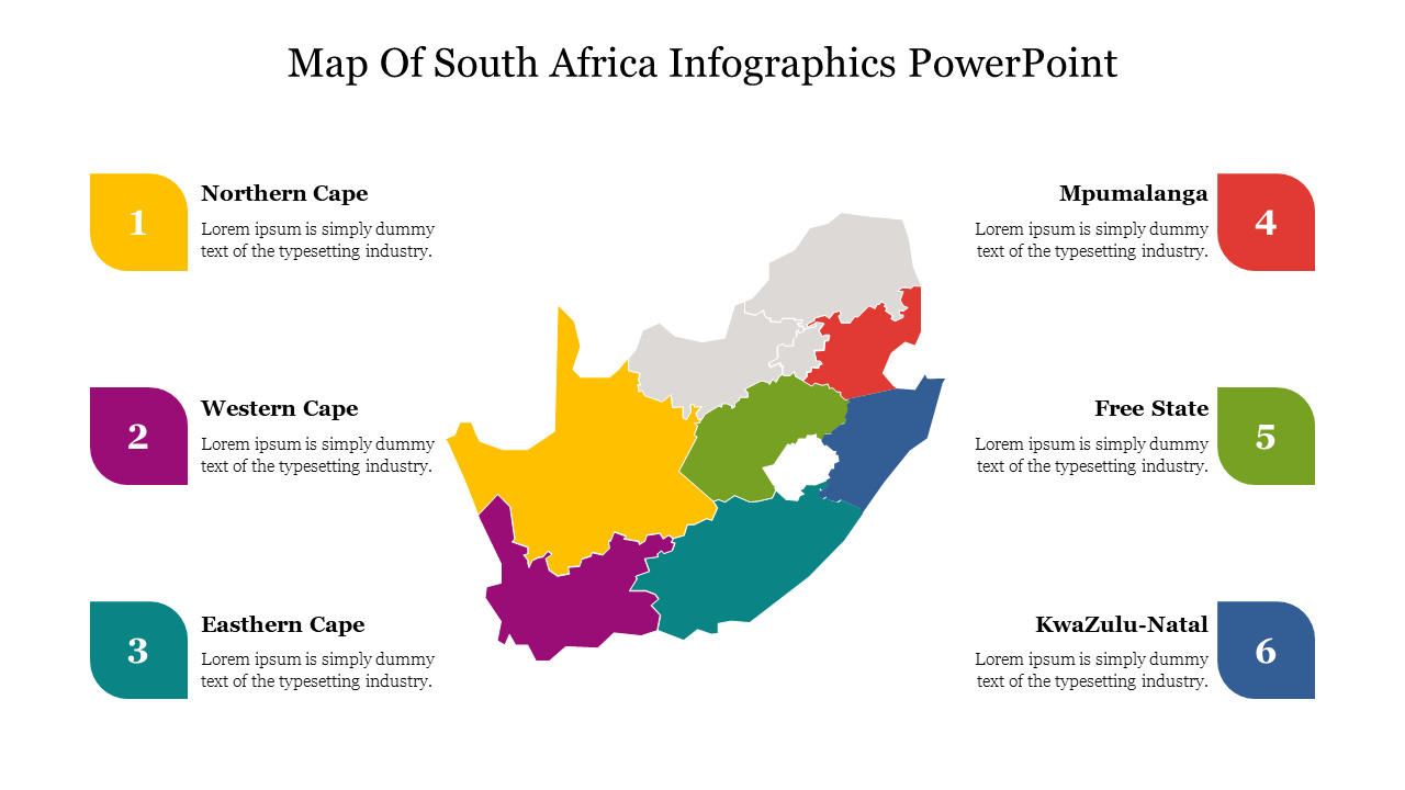 Colorful infographic map slide of south africa highlighting six provinces with placeholder text.