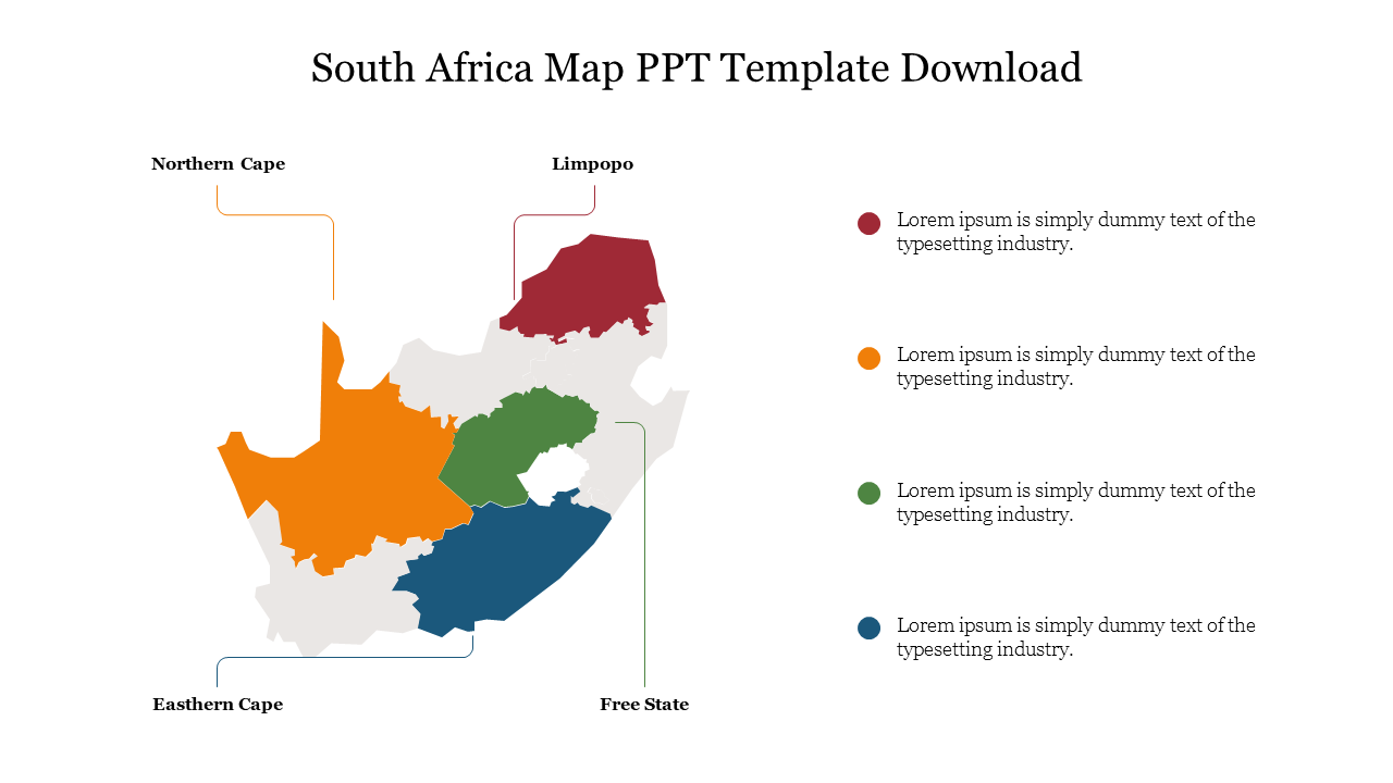 South Africa map slide with color coded regions highlighting gour key provinces with placeholder text.