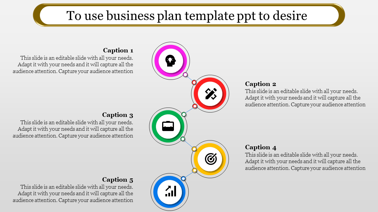 A business plan PowerPoint template featuring five colorful icons connected by lines, each with a caption.