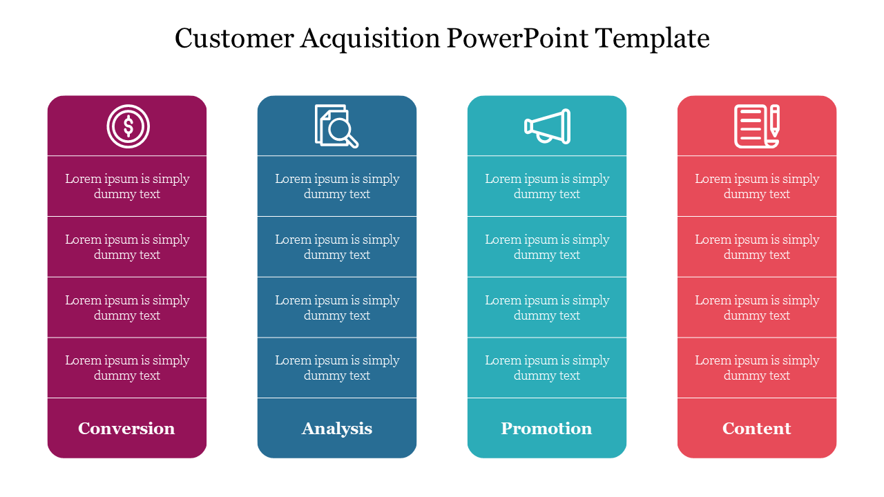 Four columns in purple, blue, teal, and red, each with text and an icon representing different customer acquisition stages.