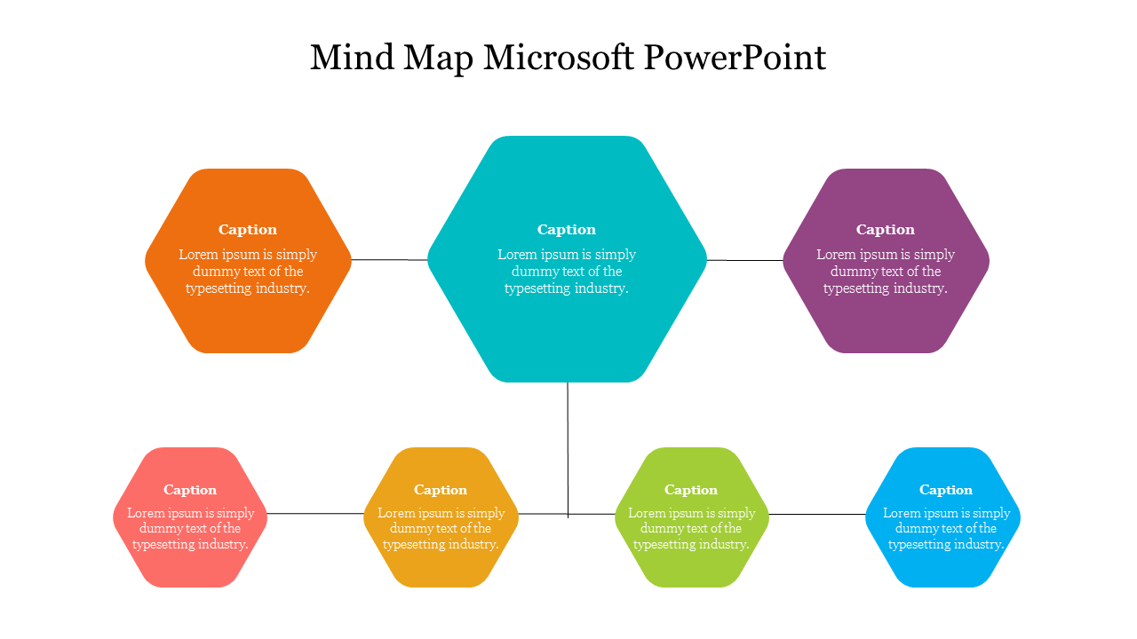 A colorful mind map slide with hexagonal nodes with seven caption sections and placeholder text.