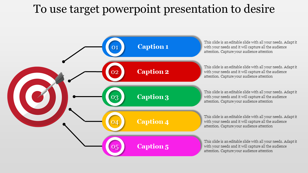 Colorful slide with five sections, each connected to a target icon, highlighting captions 1 to 5 with a text area.