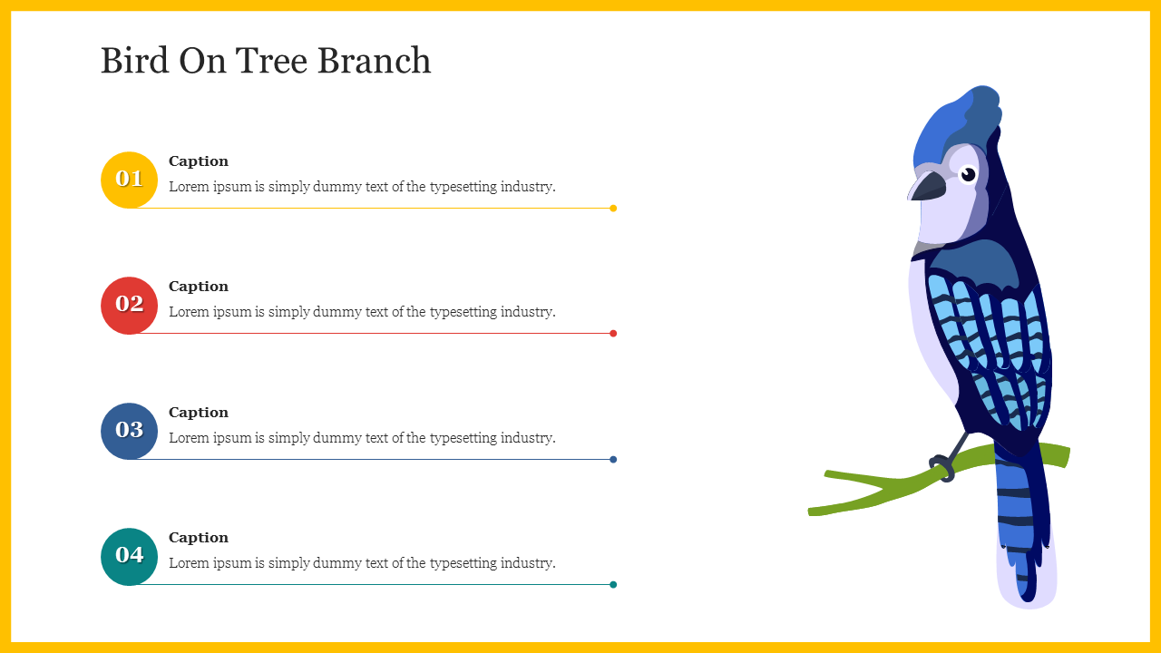 Illustration of a blue bird perched on a branch beside four numbered captions in yellow, red, blue, and teal.