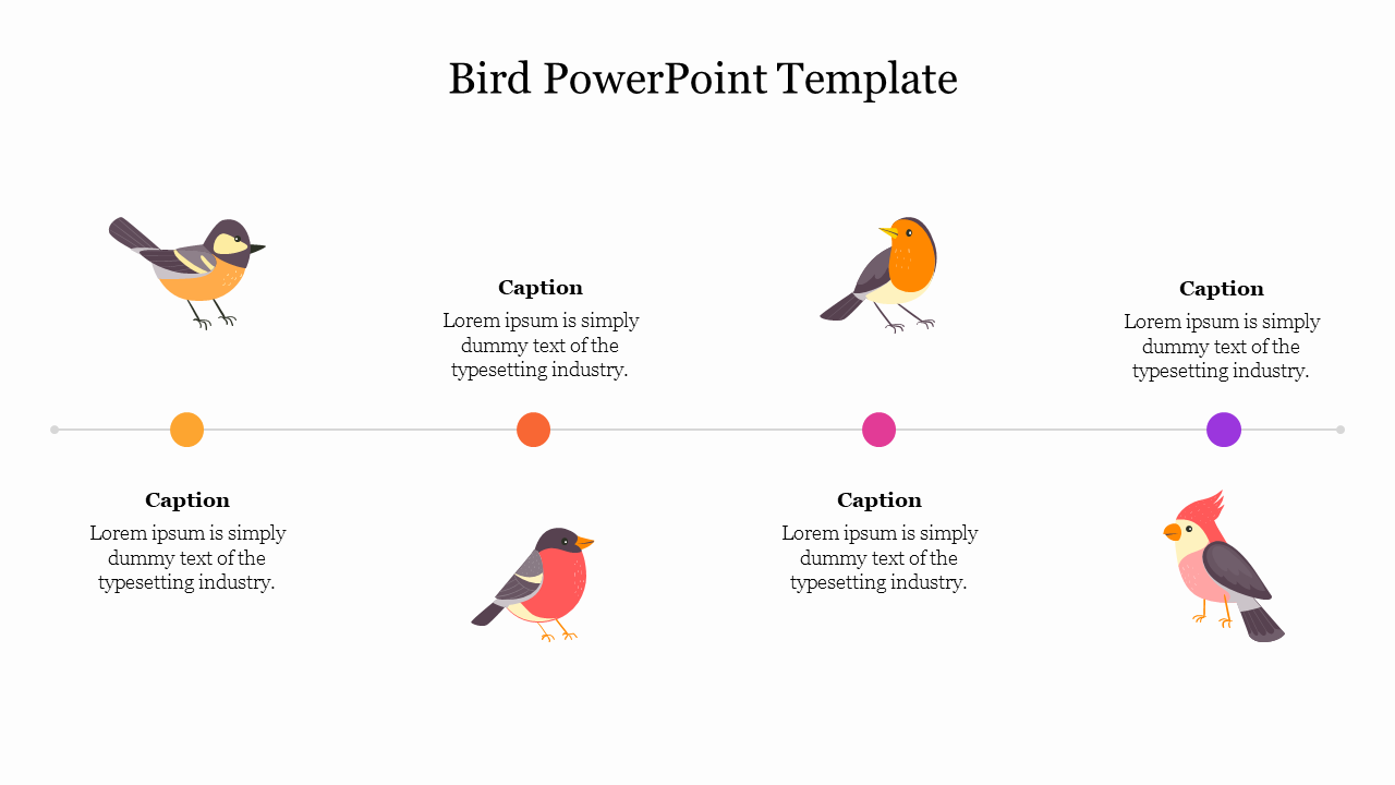 Five illustrated birds sitting on a horizontal line with colorful circular markers, each with captions.