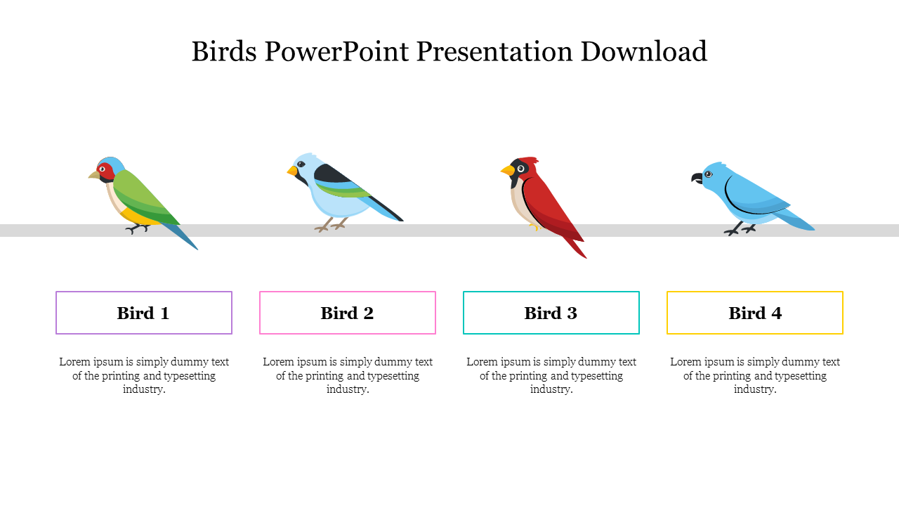 Slide featuring four different colored birds on a branch, each labeled with a placeholder text below.