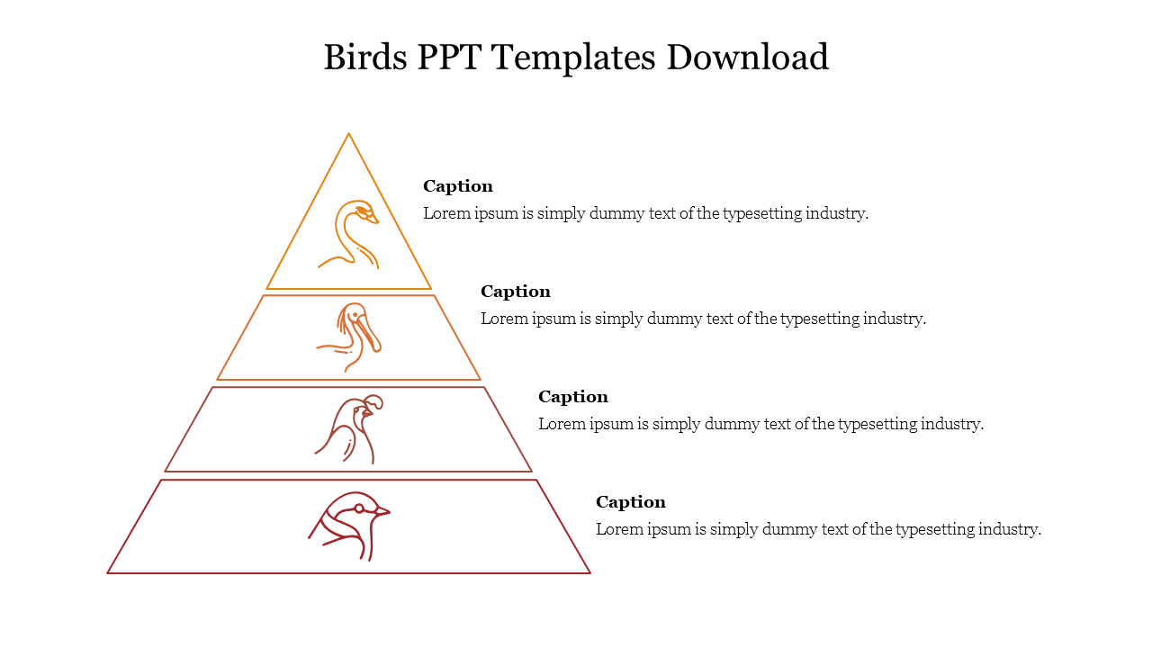 Four level pyramid with bird icons in orange gradient, each labeled with caption on the right.