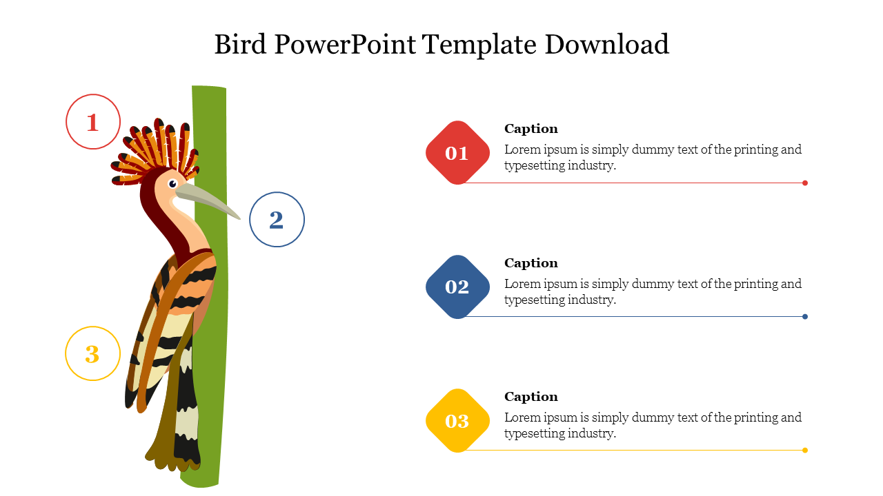 Bird themed PowerPoint template with a colorful bird illustration and numbered captions.