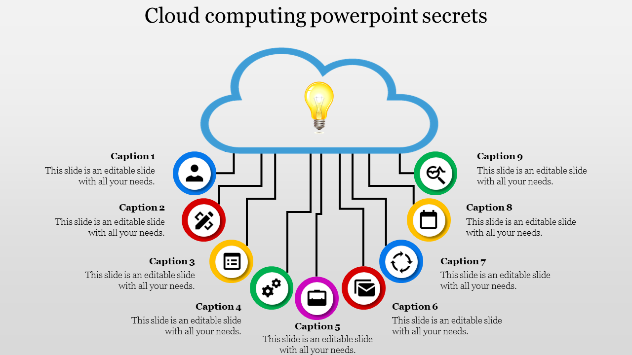 A slide showing a cloud graphic connected to various colored icons with captions.