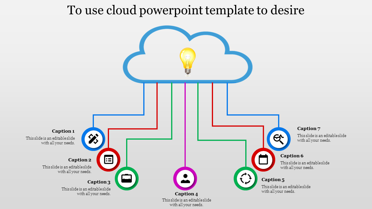 Infographic featuring a cloud with a lightbulb and seven colored lines leading to icons below, each with placeholder text.