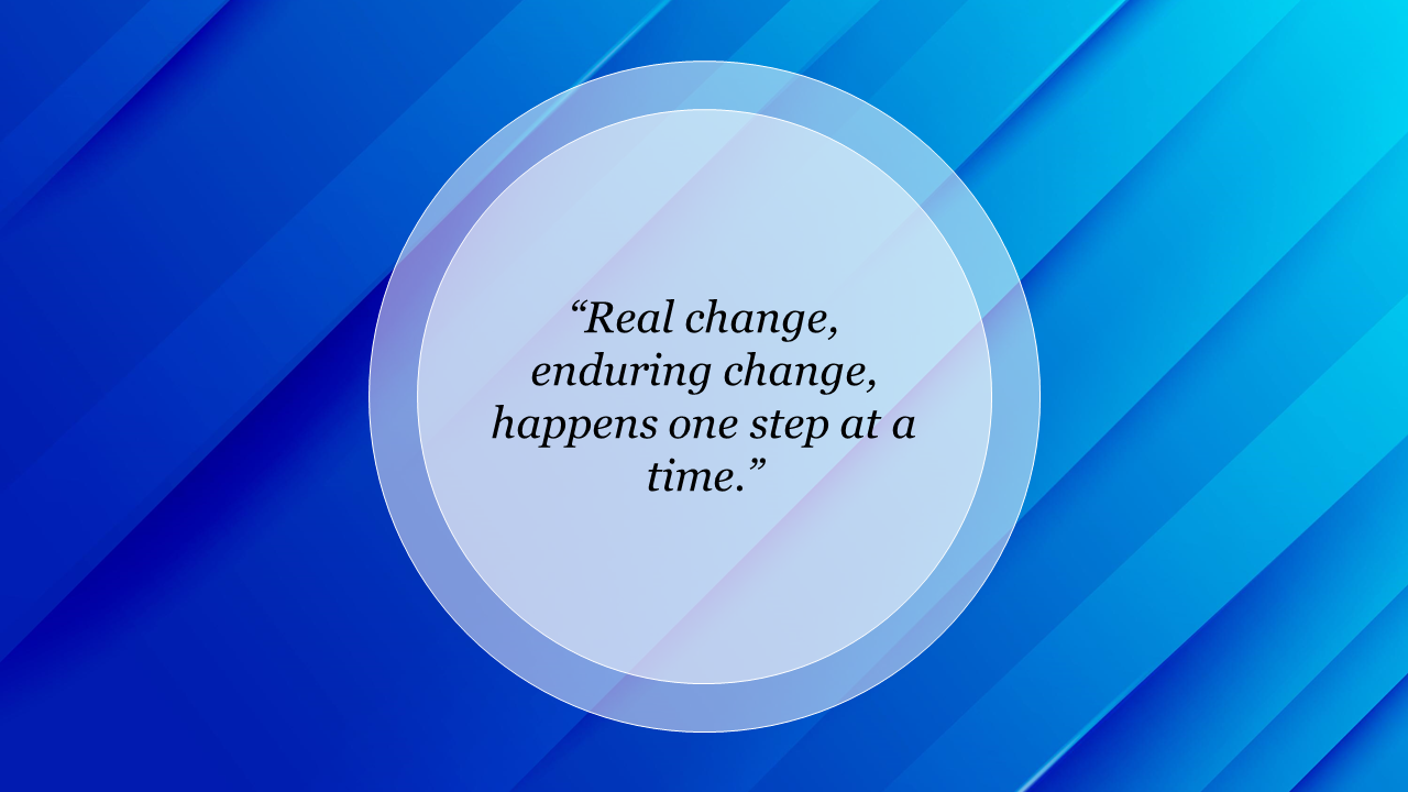 Modern blue gradient background with diagonal lines, featuring a transparent circular overlay containing a quote.