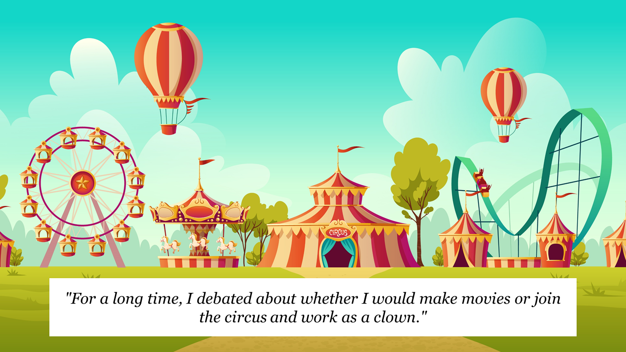 Circus carnival scene featuring colorful hot air balloons, a ferris wheel, and a lively circus tent against a sunny sky.