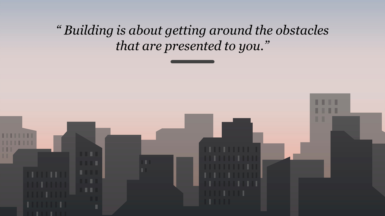 Silhouette of urban buildings against a pastel sky background, featuring a motivational quote about overcoming obstacles.