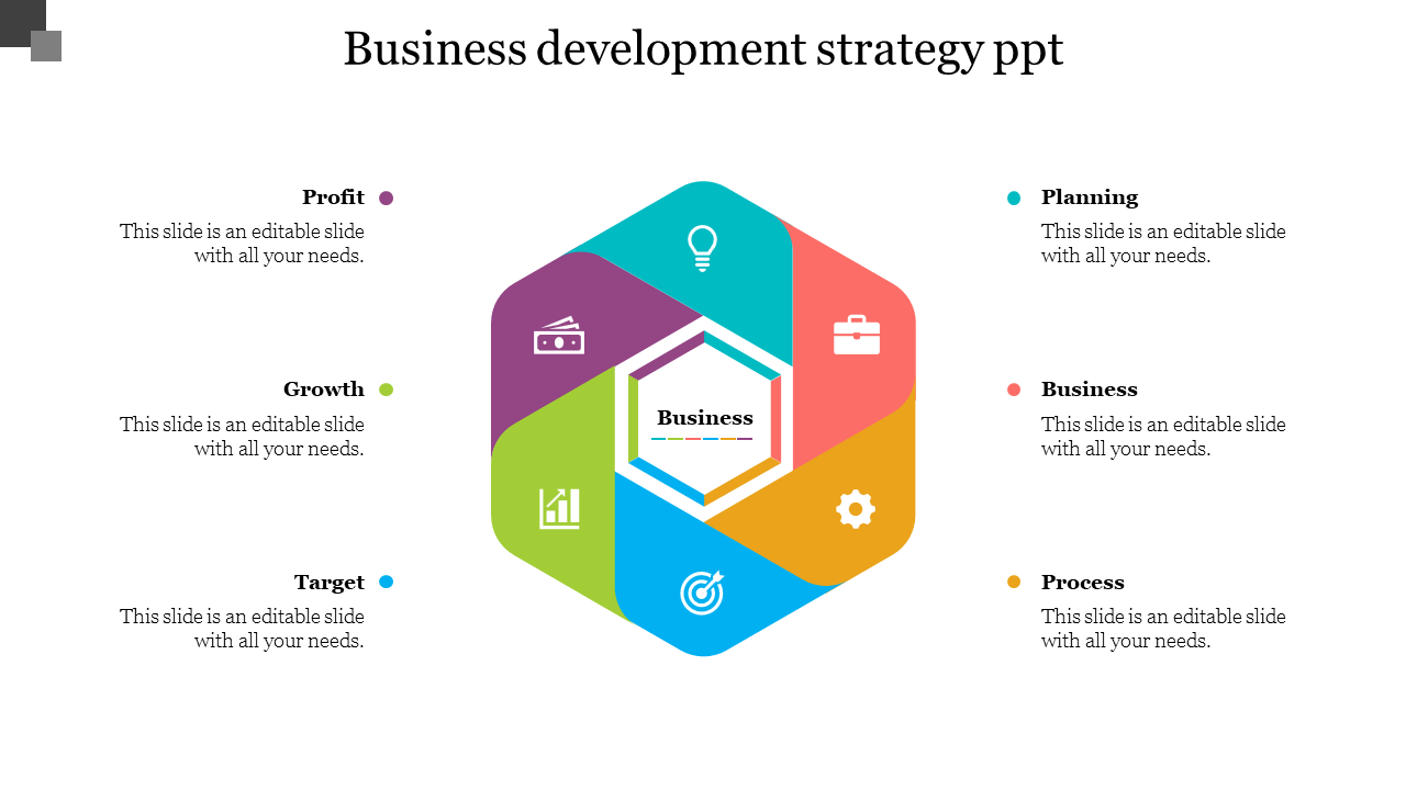 Hexagonal diagram with six colorful sections representing various business concepts, surrounded by text elements.