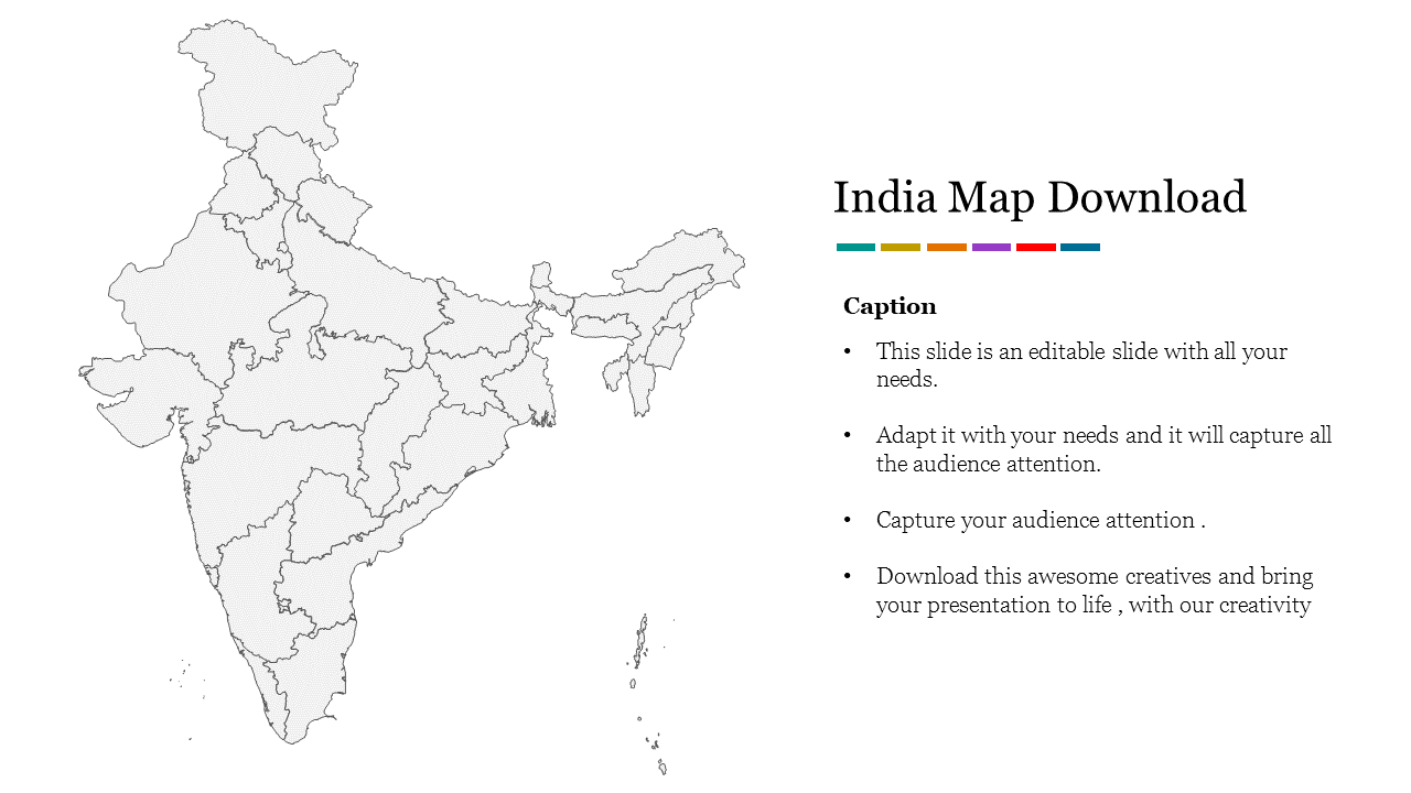 Slide featuring an outline map of India with text area on a white background.