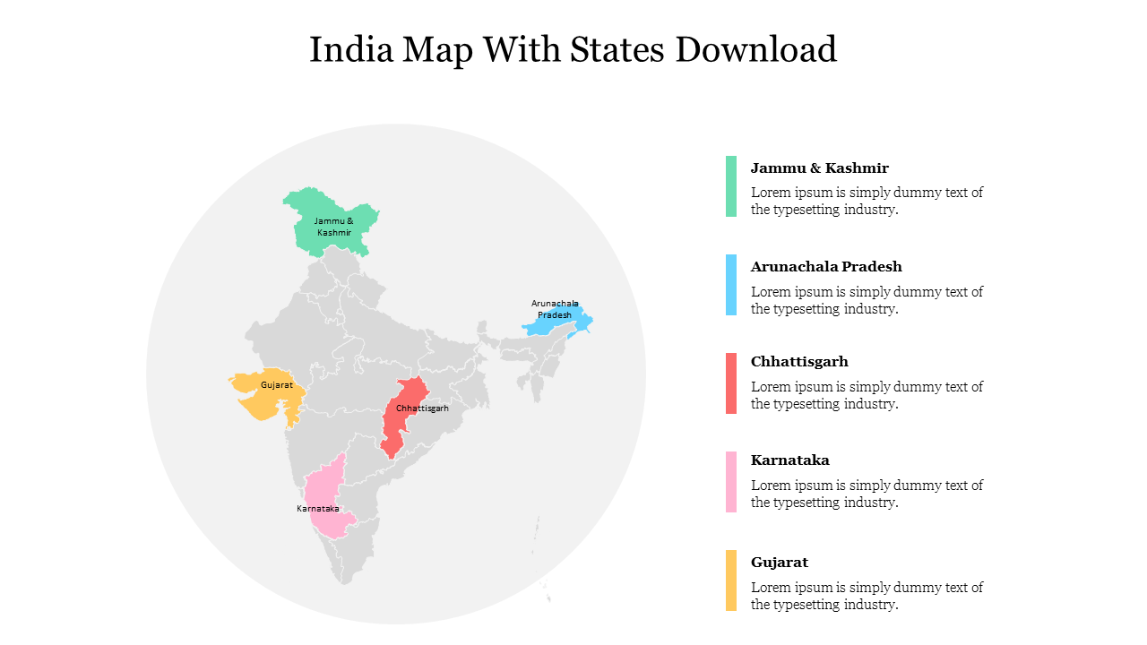 India map highlighting selected states with different colors and space for text annotations.