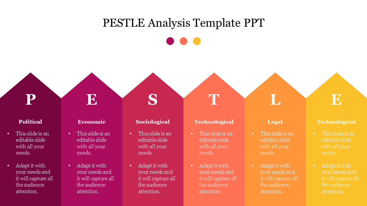 Six upward pointing arrows in red, pink, orange, and yellow tones, each containing text.