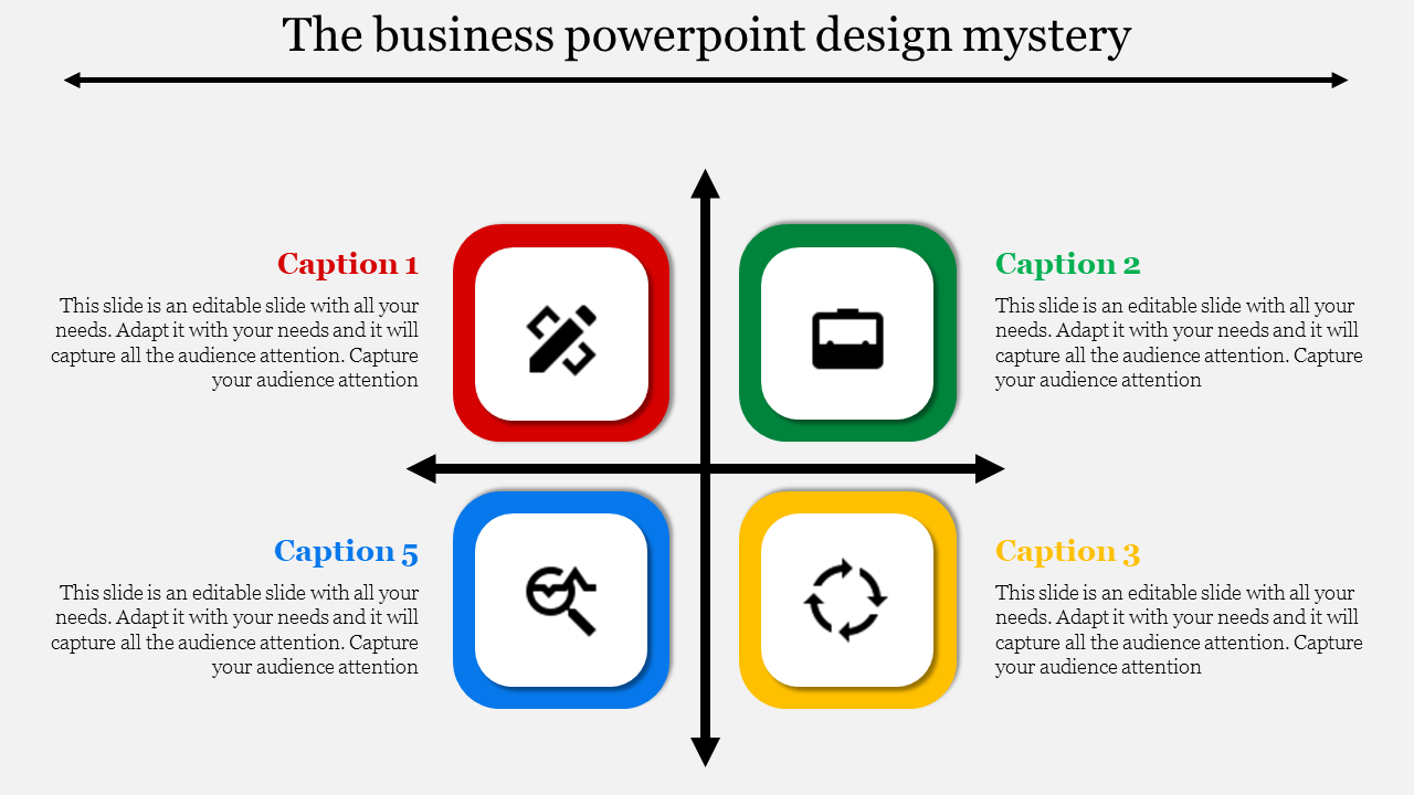 Business diagram with four squares in red, green, blue, and yellow frames, featuring icons and aligned black arrows.