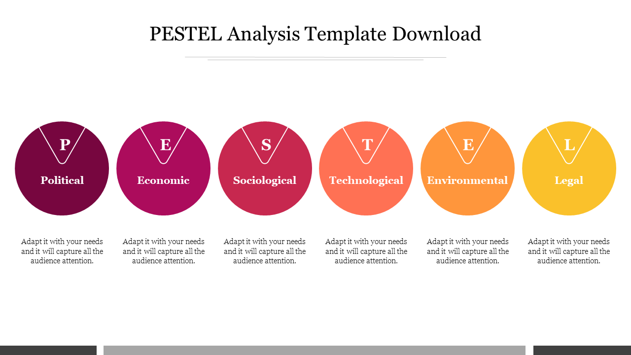 PESTEL analysis slide with six colorful circular segments from political to legal with placeholder text.