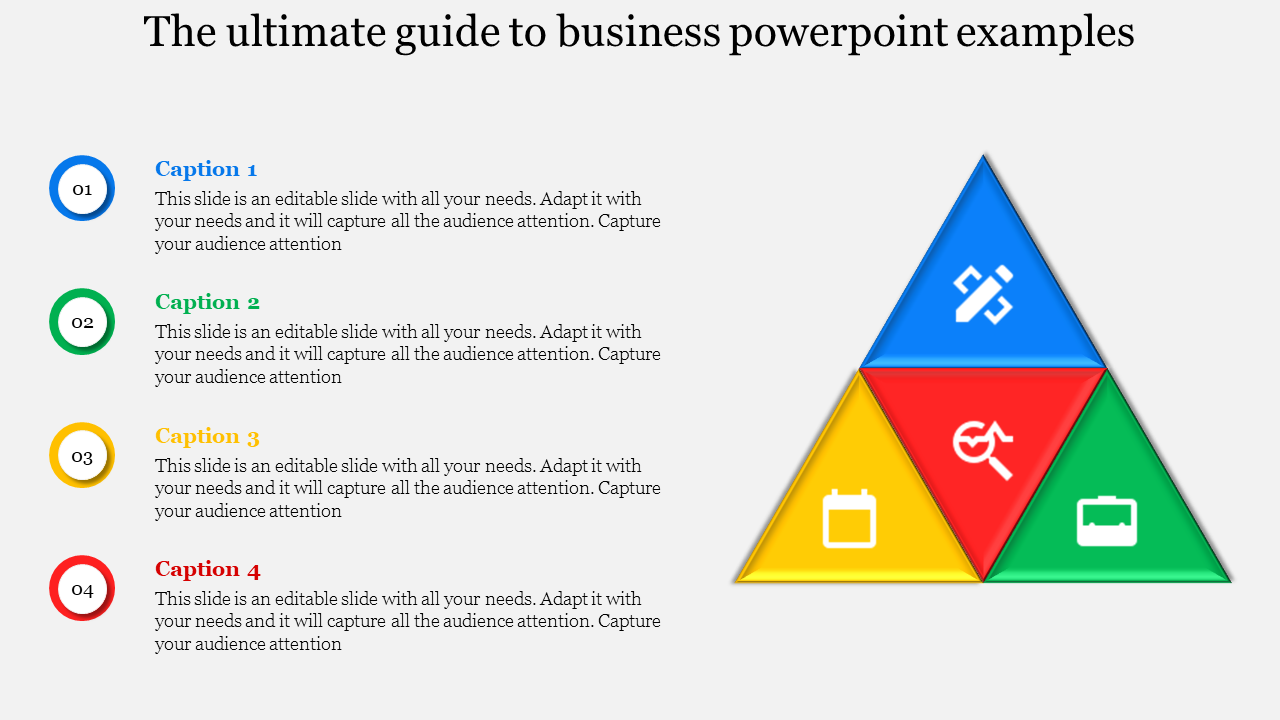 Business slide with a colorful triangle diagram each section representing a different business concept, and four captions.