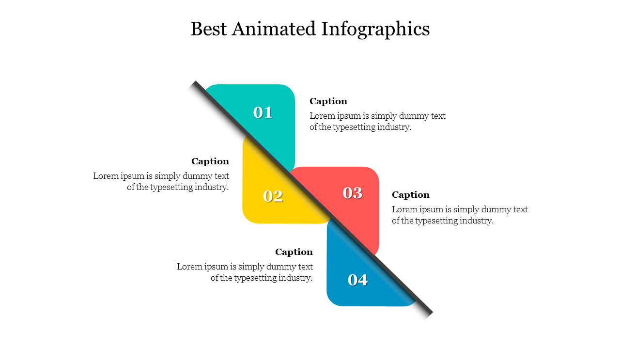 Four animated step infographic aligned diagonally, featuring colored sections in teal, yellow, red, and blue with captions.