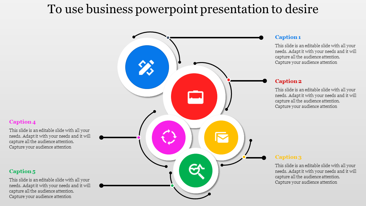 Business slide featuring colorful circular icons representing different business concepts, with captions for each.