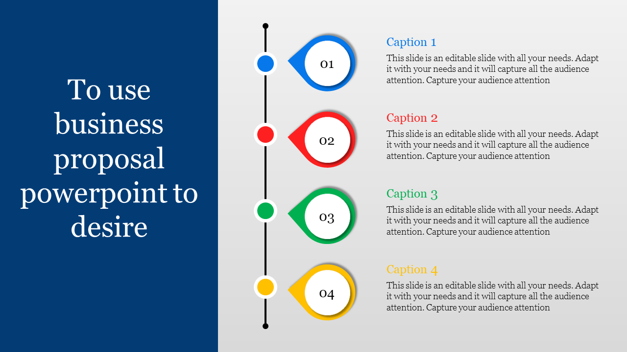 Business proposal slide featuring a vertical timeline with four colorful captions, highlighting key points.