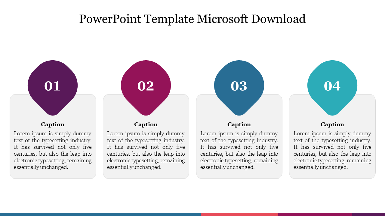 Infographic with four numbered drop shaped markers in purple, pink, blue, and teal, each connected to a text box below.