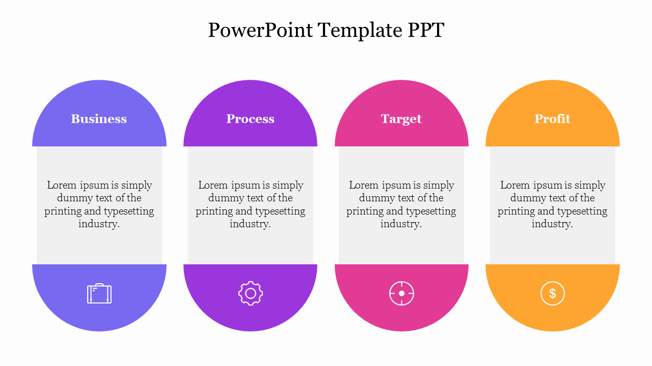 Colorful PPT template featuring business, process, target, and profit sections, with relevant icons and placeholder text.